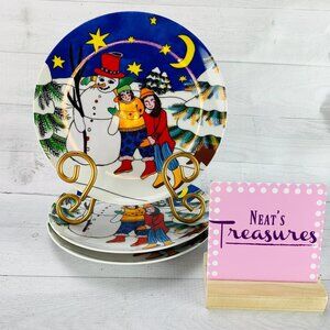 Vintage Kiki 1997 WINTER LOVE Snowman Friends Decorative Salad Plate Set Three